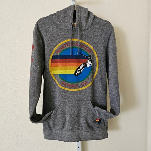 AVIATOR NATION Heather Grey Venice CA Drawstring Rainbow Surf Hoodie Sz M - Picture 3 of 16